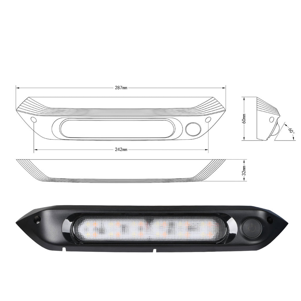 TRA 287mm Dual LED Awning Light – Black, No Switch, IP67, Amber & White Light
