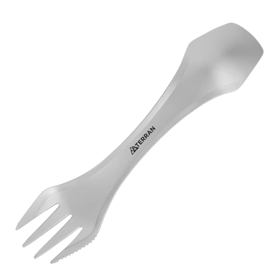 Silver spork with 'Terran' branding on a white background