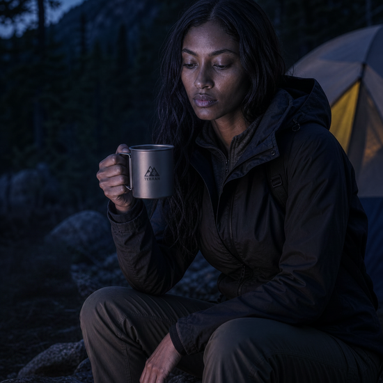 A woman sitting by a campfire at night wearing a dark hooded jacket and holding a silver metal mug with a small mountain logo. A tent is visible in the background, with trees and mountains under a dark blue sky.