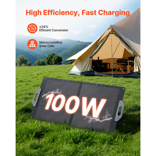 100W Foldable Solar Panel, 24% High-Efficiency Portable Monocrystalline Solar Panel Charger with MC4 Output, USB-A, Type-C & DC Ports, IP65 Waterproof for Power Stations, Camping, Hiking Trips