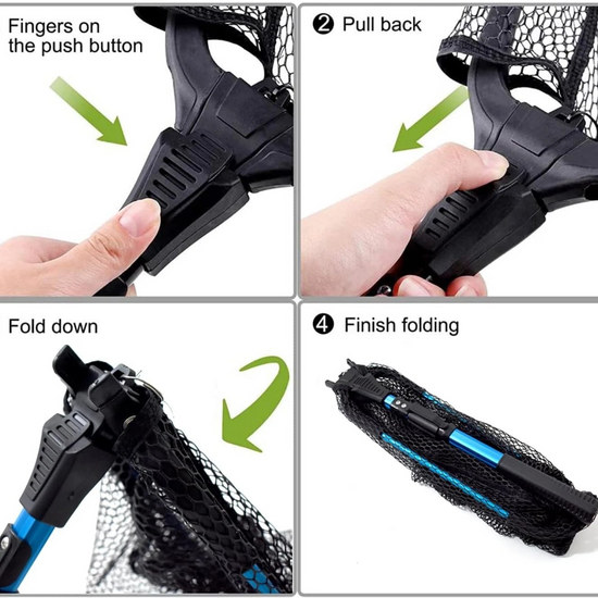 Step-by-step guide on how to fold a fishing net with labeled actions and arrows.