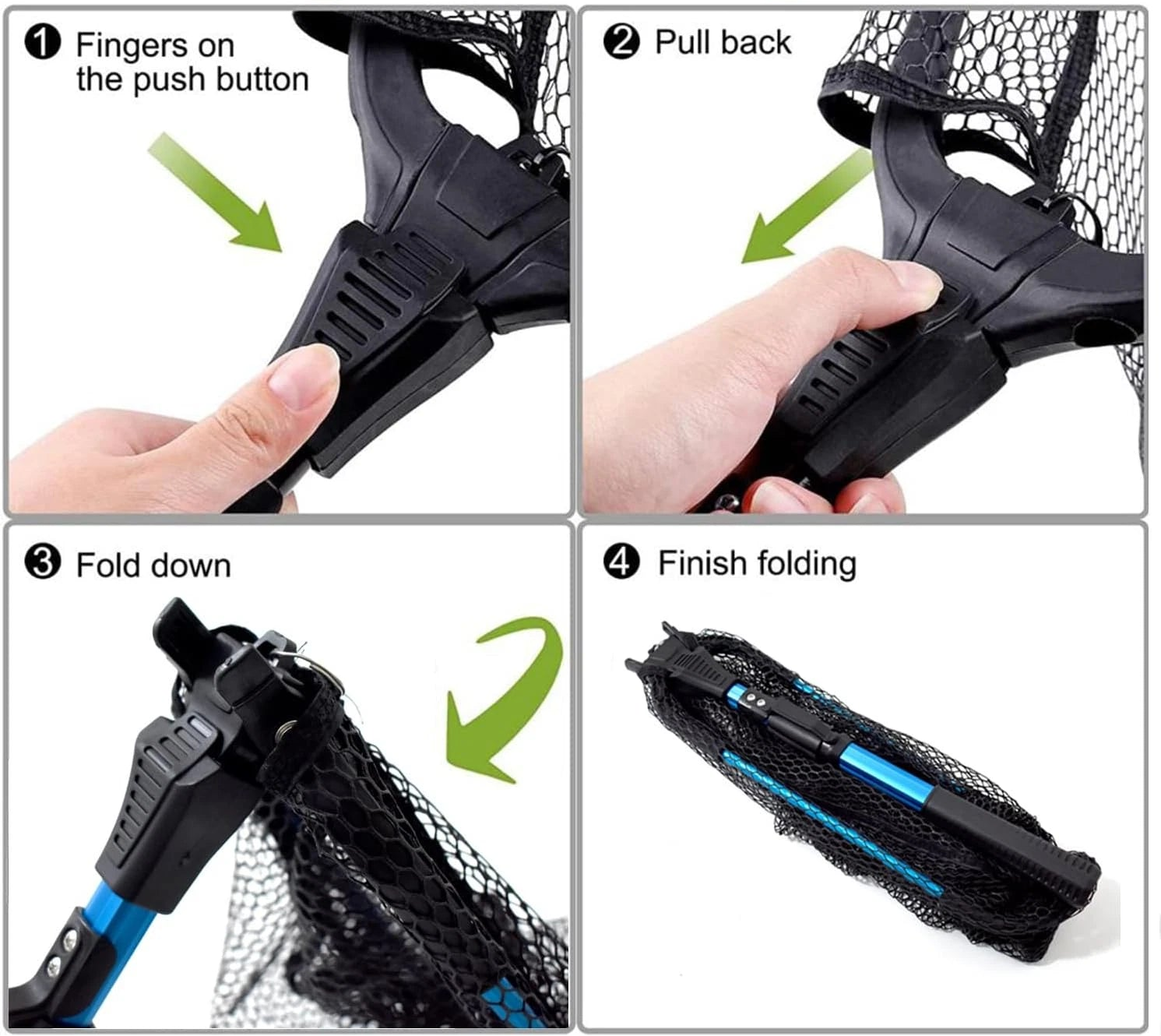 Step-by-step guide on how to fold a fishing net with labeled actions and arrows.