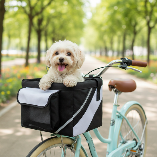 A small fluffy cream-colored dog sits in a black and white pet bicycle carrier basket mounted on the front of a light blue bicycle, set against a blurred park background with trees and a path.
