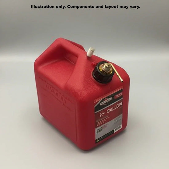 A red 2+ gallon plastic fuel container with a black and gold fuel pick up line
